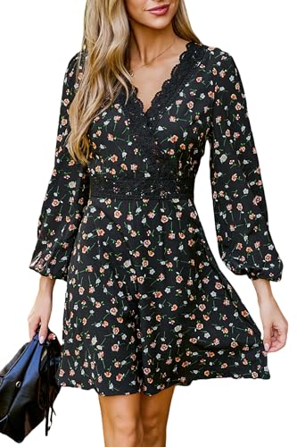 CUPSHE Damen Kleid Spitze V-Ausschnitt Langarm Herbst Freizeitkleider Gesmokt A-Linie Elegant Mini Dress Schwarzes Blumenmuster M