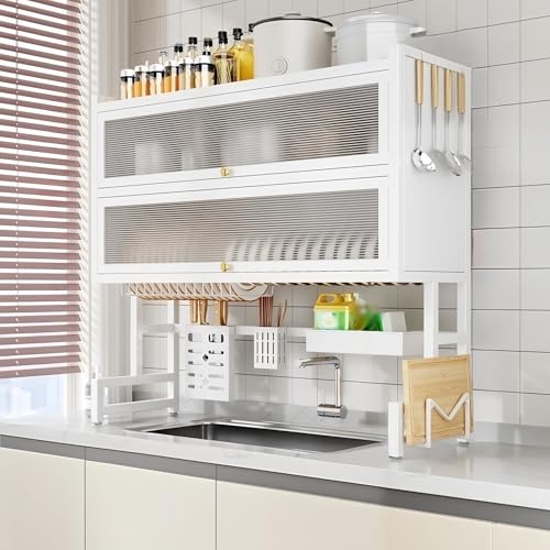 Lar - Escurridor de platos para fregadero de 3 niveles, estante de cocina multifuncional de acero al carbono con cubierta (blanco, 95 x 28 cm)