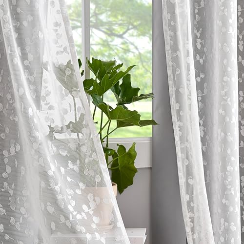 Image of Mix Matched Grey Full Blackout & Sheer Leaf Lace Curtains 52 inchWx95 inchL 6Panels | White Lace Sheer Leaf & Grey Blackout Combo Set, 2 Blackout+2 Sheer Panels, 4-Piece Set, Mix and Match Style Grommet Top