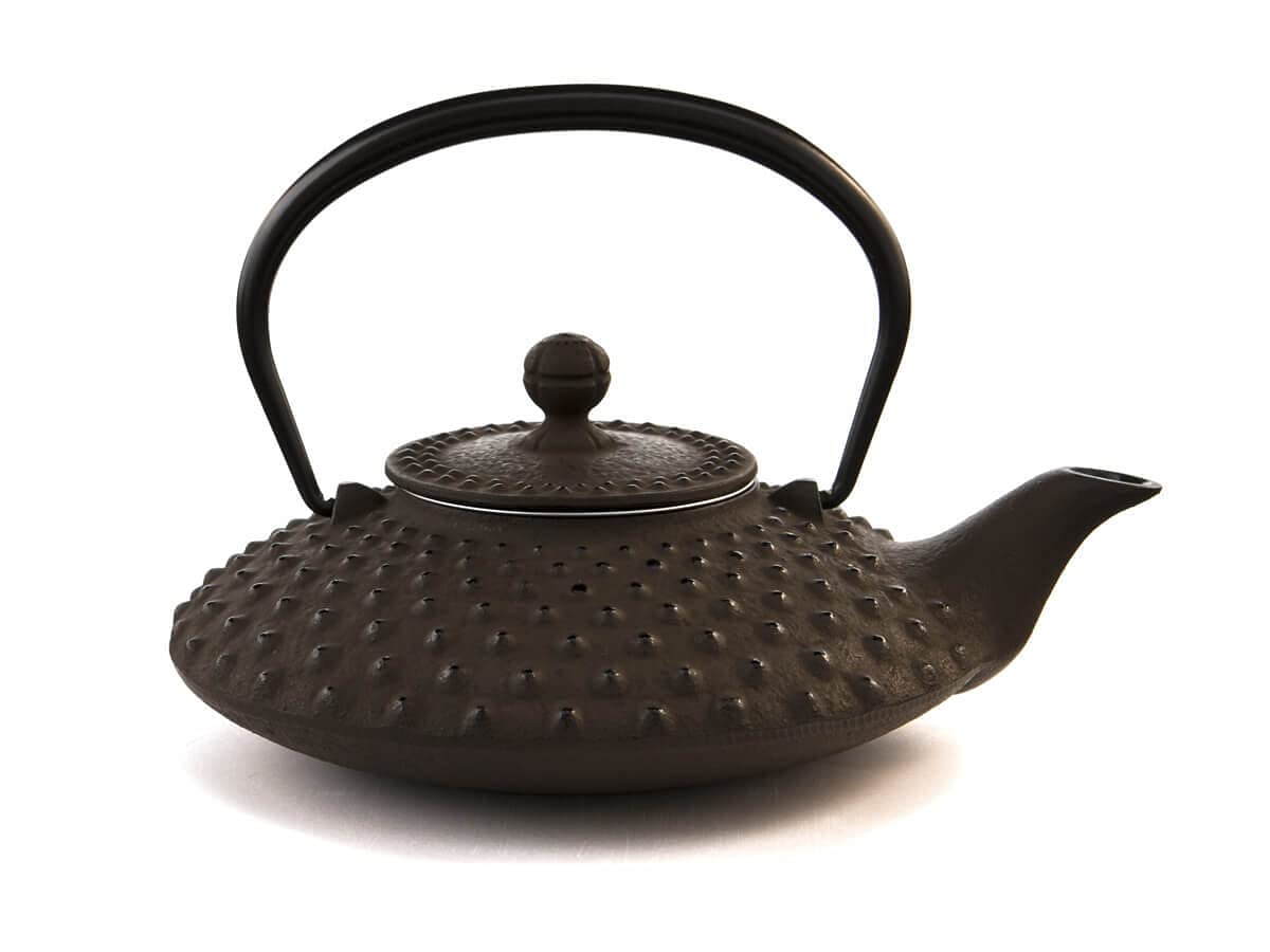 Iwachu Teekanne Gusseisen. Japanische Kyusu Hira Arare, Original, Braun 500ml, 0,5 Liter Sieb-Einsatz Edelstahl. Innen Emailliert
