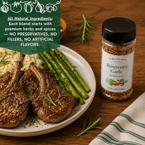 Image of Lesley Elizabeth Rosemary & Garlic Rub - All-Purpose Herb & Garlic Seasoning Blend | Gourmet Grill & Cooking Spice for Chicken, Beef, Pork, Seafood & Vegetables