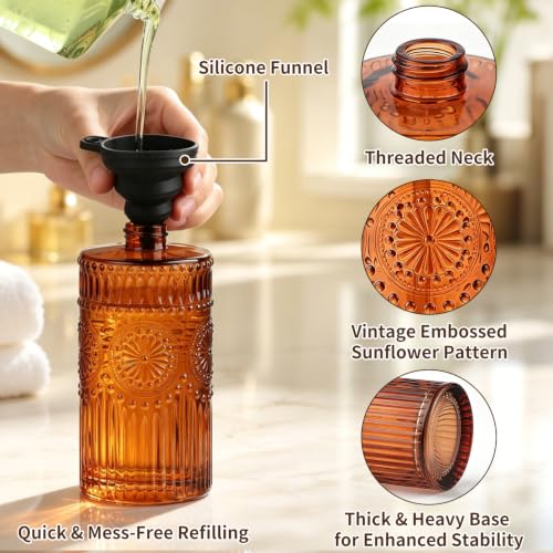 Image of Vintage Glass Soap Dispenser, 16 fl oz Refillable Liquid Hand Soap Bottle with Pump, Sunflower Embossed Dish Soap Dispenser for Bathroom, Kitchen, Shower (Amber)