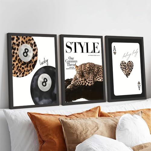 BeiYiHo 3 Tableau Decoration Murale Léopard Affiche Moderne Boule de Billard 8 Leopard Noir et Blanc Poster Mural Pop Art Impression sur Toile Deco Chambre Ado Adulte...