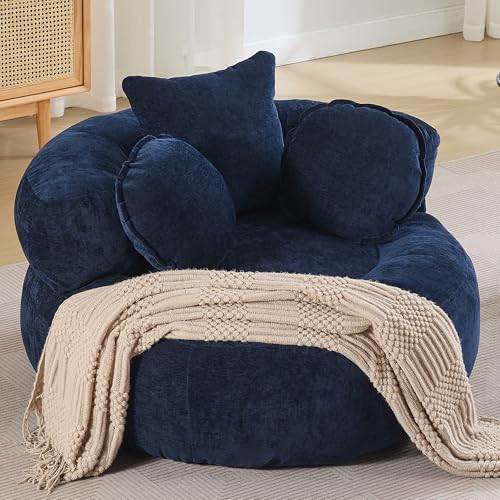Image of WUTUTUEE Round Oversized Chair Floor Sofa Chair, Chenille Compressed Circle Chaise Lounge, No Assembly Boneless Barrel Chair, Lazy Bean Bag Couch Accent Chair for Living Room, Bedroom, Dorm,Navy