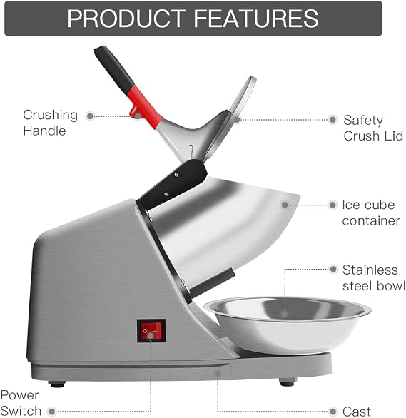 Reespring Snow Cone Machine Shaved Ice Machine Ice Crusher with Stainless Steel Blade Kitchen Electric for Shaved Ice and Snow Cone (300W 2000r/min) Also  with a Free Ice Pick and Ice Cube Tray