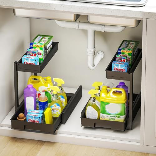 Organizador Bajo Fregadero 2Pack, Organizador de Metal L en Forma de L con Cajones Extraíbles Negros – Para Cocina y Baño, Capacidad 50 lb