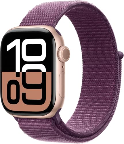 Image of Apple Watch Series 10 [GPS + Cellular, 42mm] - Rose Gold Aluminum Case with Plum Sport Loop (Renewed)