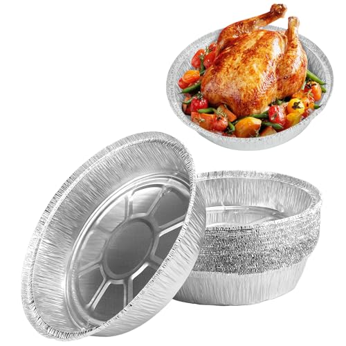 Kunjocy 30 Stück runde Folienschalen, 20,3 cm, Einweg-Folienplatte, Behälter, Luftfritteusen-Einlagen, Aluminiumfolie, runde Zinnfolien-Pfannen für Party, Backen, Braten, Kochen (20,3 cm)