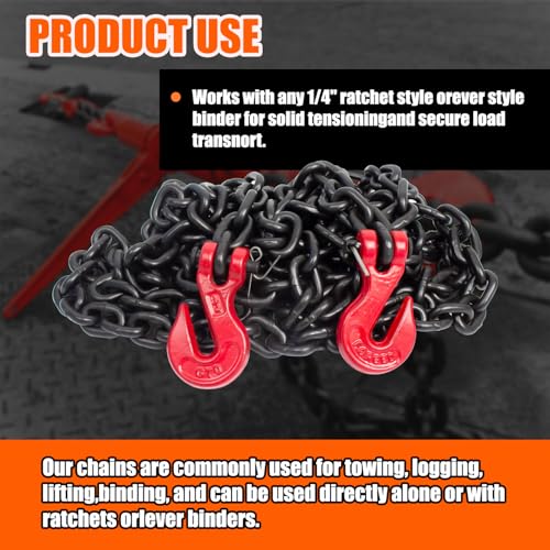 Image of G80 Transport Binder Chain1 /4 x 14 FT Tow Cable with Clevis Grab Hooks | 3,300 lbs WLL Heavy Duty Link for Transporting, Towing, Tie-Down & Lifting
