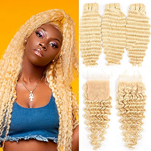 613 Blonde Deep Wave Bundles with Frontal 100% Brazilian Unprocessed Virgin Human Hair 3 Bundles with 4x4 Lace Closure Hair Extension Can Be Dyed (20 22 24+18 Closure,613 Deep Bundles with Closure)