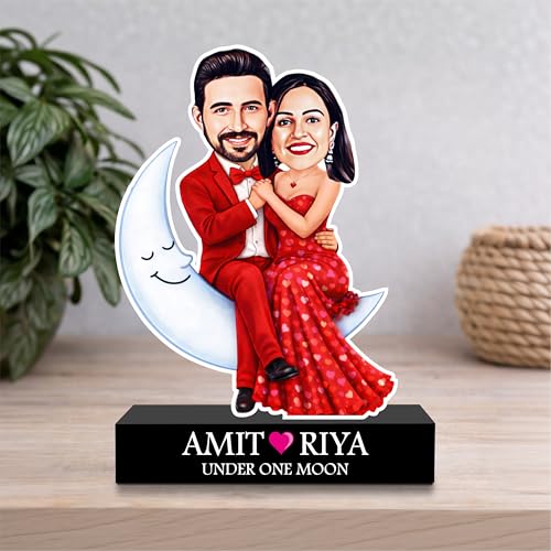 Image of ZOCI VOCI Personalized Couple Gift from Photo, Custom Name Acrylic Couple Caricature, Romantic Gift for Couples (Under One Moon, Without Light)
