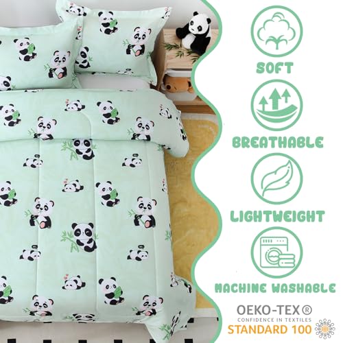 Image of Yibeizi Kids Cute Panda Comforter Full Size Sage Green Bedding Set