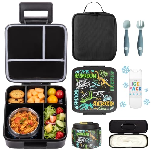 Image of JXXM Bento Lunch Box for Kids With 8oz Soup thermo,Leak-proof Lunch Containers with 5 Compartment,thermo Food Jar and Lunch Bag, Food Containers for School (A-Black(Dinosaur Fossil))