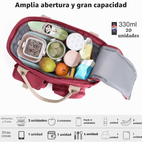 Miniatura 3 de Hafmall Bolsa De Almuerzo Aislada De 18 L, Portátil Con Correa De Hombro Ajustable, Pequeña Bolsa Para El Almuerzo, Para Trabajo, Viajes, Oficina, Pícnic, Color Rojo