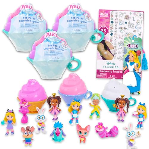 Disney Alice in Wonderland Bakery Blind Box Set - Bundle with 3 Mystery Capsule Mini Figure Toys, Tattoos, More | Alice's Bakery Figurines for Kids