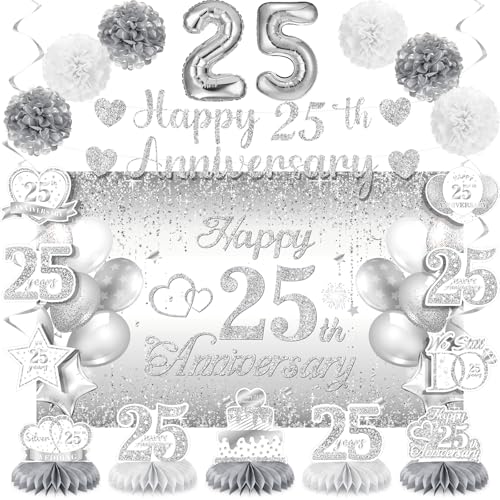 Silver 25th Wedding Anniversary Decorations Banner 25th Anniversary Table Centerpieces Hanging Swirls Tissue Pompoms Foil Balloon for 25 Years Silver Wedding Party Decoration Supplies