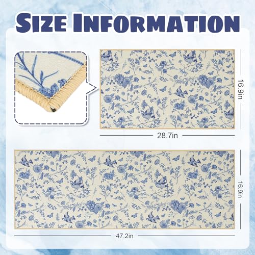 JarThenaAMCS 2 Pcs Chinoiserie Floral Kitchen Mats Spring Summer Blue Flower Bird Butterfly Kitchen Rugs Anti-Slip Rectangle Floor Mats for Party Home Entrance Decor