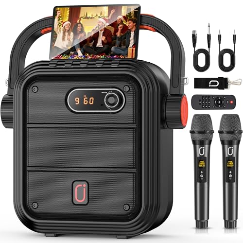 JYX Karaoke Machine with 2 Wireless Microphones, Portable Bluetooth Speaker PA System with Shoulder Strap, Subwoofer Support TWS, USB, Radio, AUX, REC, Bass&Treble for Home Party/Meeting/Adults/Kids