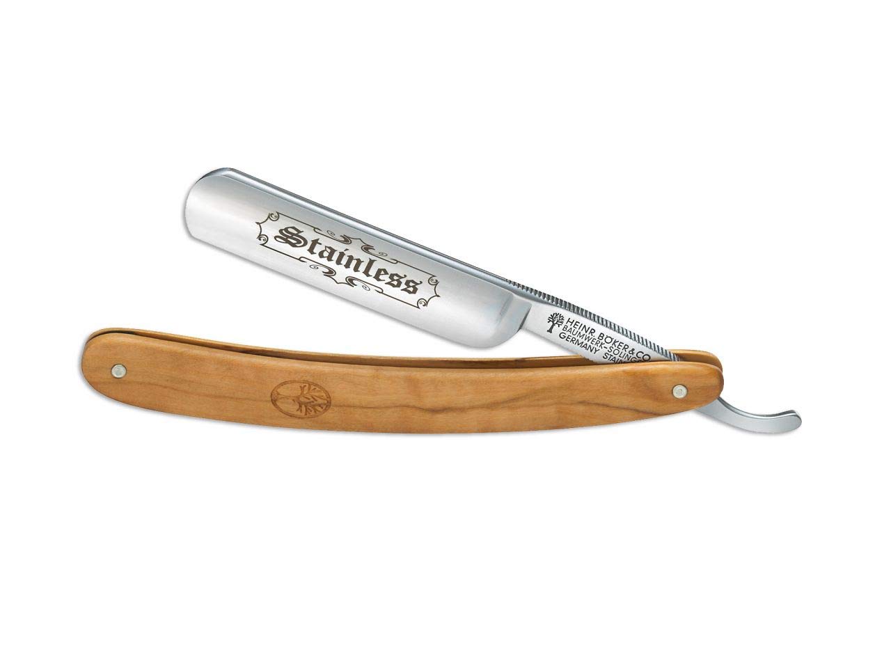 Navaja afeitar barbero alemana BÖKER STAINLESS OLIVE 5/8" hoja de acero inoxidable de 8 cm y empuñadura de olivo de 16 cm. Fabricada artesanalmente en Sollingen 140537 profesional afeitado