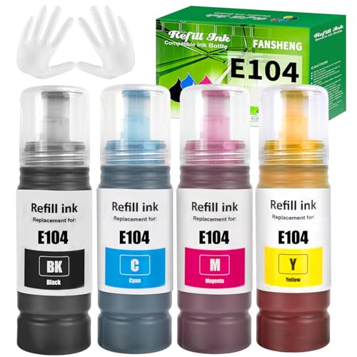 FANSHENG 104 Tinta Compatible con epson 104 Botellas de Recarga 104 para ET-1810 ET-2870 ET-2720 ET-2715 ET-2721 ET-2712 ET-2810 ET-2820 ET-2821 ET-2825 ET-2826 ET-4700 ET-4800 (4 Pack BK/C/M/Y)