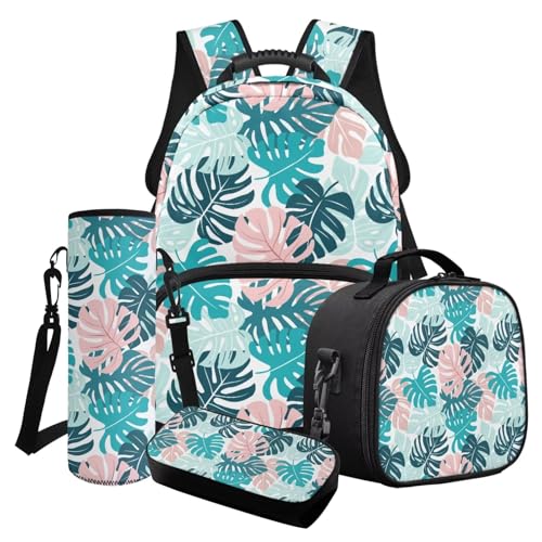 Xoenoiee Palm Leaf Pattern Backpack Set for Teens Girls Boys School Bookbag with Lunch Box Pencil Case Water Bottle Holder 4 in 1 School Bag Set