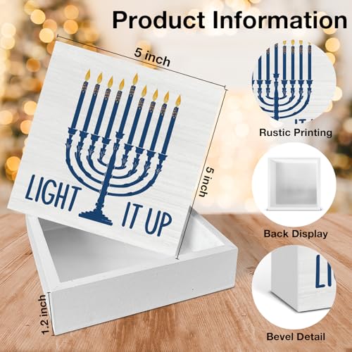 Image of Hanukkah Decor, Light It Up Wood Box Sign, Jewish Gifts for Women, Menorah Dreidel Home Office Decorations for Desk Table Shelf 5 X 5 Inches