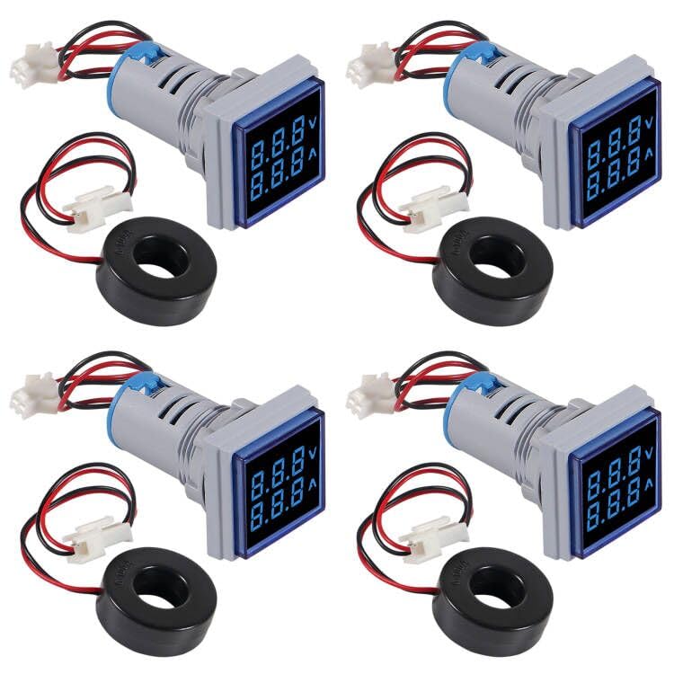 Image of ACEIRMC Blue LED Display Voltmeter, Square Dual Display Voltmeter and Ammeter LED Digital Voltage Gauge AC 60-500V 0-100A Current Meter Indicator (4pcs)