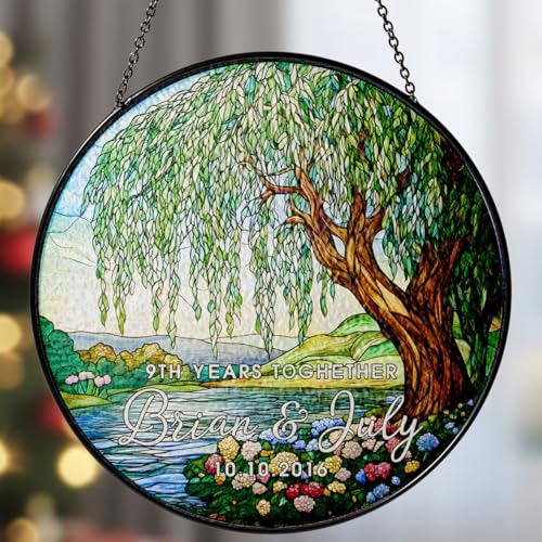 Product Image of the Willow Tree 9th Anniversary Stained Glass Suncatcher, Pottery 9 Year Milestone Keepsake Window Hanging Gift for Husband Wife Him Her, Tree of Life Personalized Sun Catchers Couple