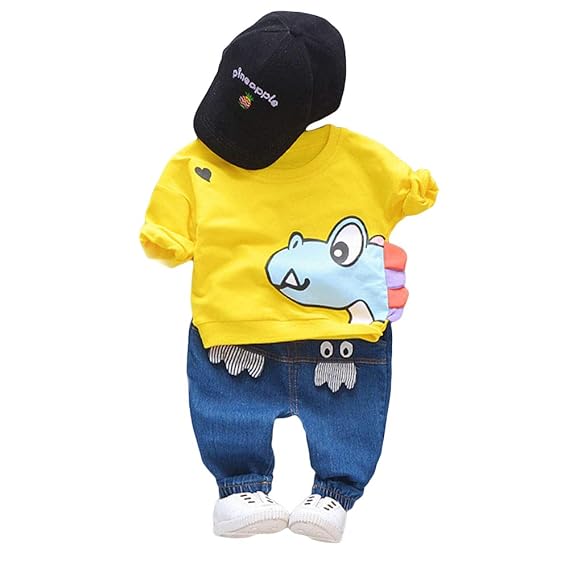 Hopscotch Boys Cotton and Spandex Full Sleeves Animal Printed Sweatshirt and Jeans Set in Yellow Color