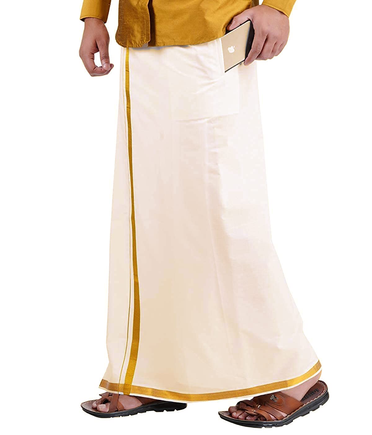 yettalan Mens Adjustable Welcro & Pocket High Density 100% Cotton Dhoti with Rich Jari Border-picture-47