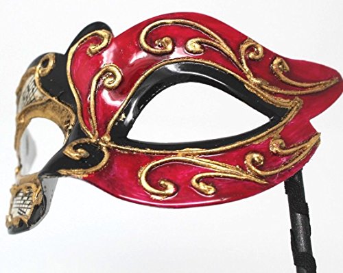 VENETIAN MASQUERADE CARNIVAL PARTY EYE BALL MASK BLACK RED & GOLD WITH MUSICAL NOTES SCRIPT ON A STICK-HAND HELD - Image 4