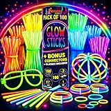 Glow Sticks 100 Pack with 100 Connectors( 205 Pcs Kit) Glow Glasses Kit-Ball and Triple Connectors-Glow in the Dark Party Supplies - Bracelets & Necklaces for Kids & Adults
