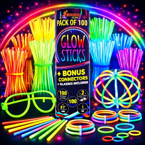 Glow Sticks 100 Pack with 100 Connectors( 205 Pcs Kit) Glow Glasses Kit-Ball and Triple Connectors-Glow in the Dark Party Supplies - Bracelets & Necklaces for Kids & Adults