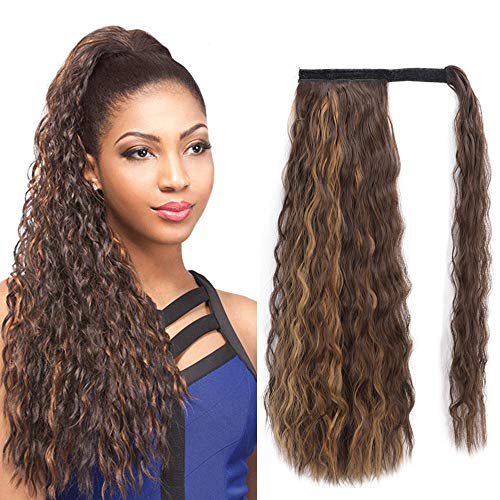 22 Inch Corn Wave Ponytail Extension Long Ponytail Extension Curly Wavy Synthetic Drawstring Ponytail Magic Paste Black Wrap Around Clip in Ponytail Hairpiece(8H27#)