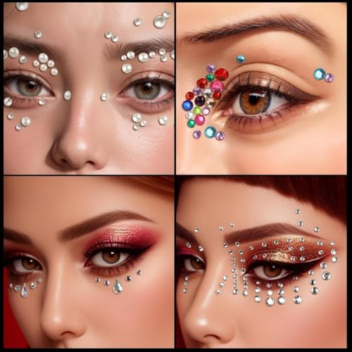 Image of 4 Sheets Self Adhesive Face Gems and Pearls for Makeup, Festival Jewels, Hair Gems, Rhinestone Stickers for Face, Eye, Makeup, Nail, Body, Crafts