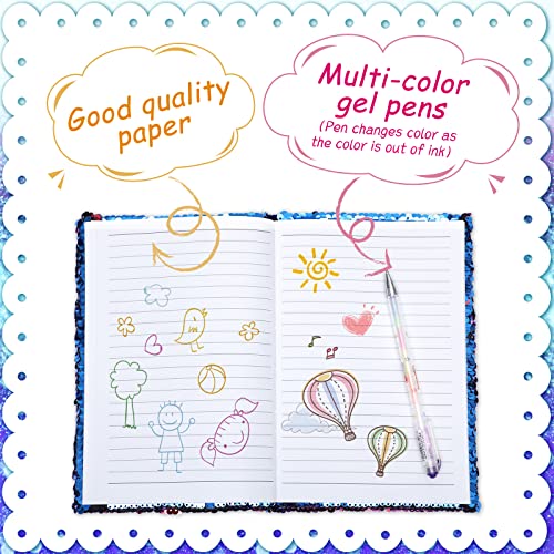 Image of Outus 4 Pcs Sequin Girls Journal Valentines Journal Gift with Color Gel Ink Pens Glitter Notebook Flip Writing Diary for Kids Girl Writing Drawing Travel Gifts(Blue Rosy,Heart)
