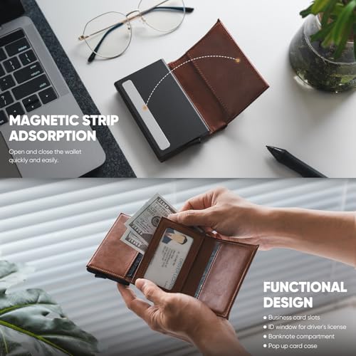 Image of VULKIT Pop up Wallet Minimalist Cash Wallets RFID Blocking Leather Smart Credit Card Holder with Magnetic Closure for Men