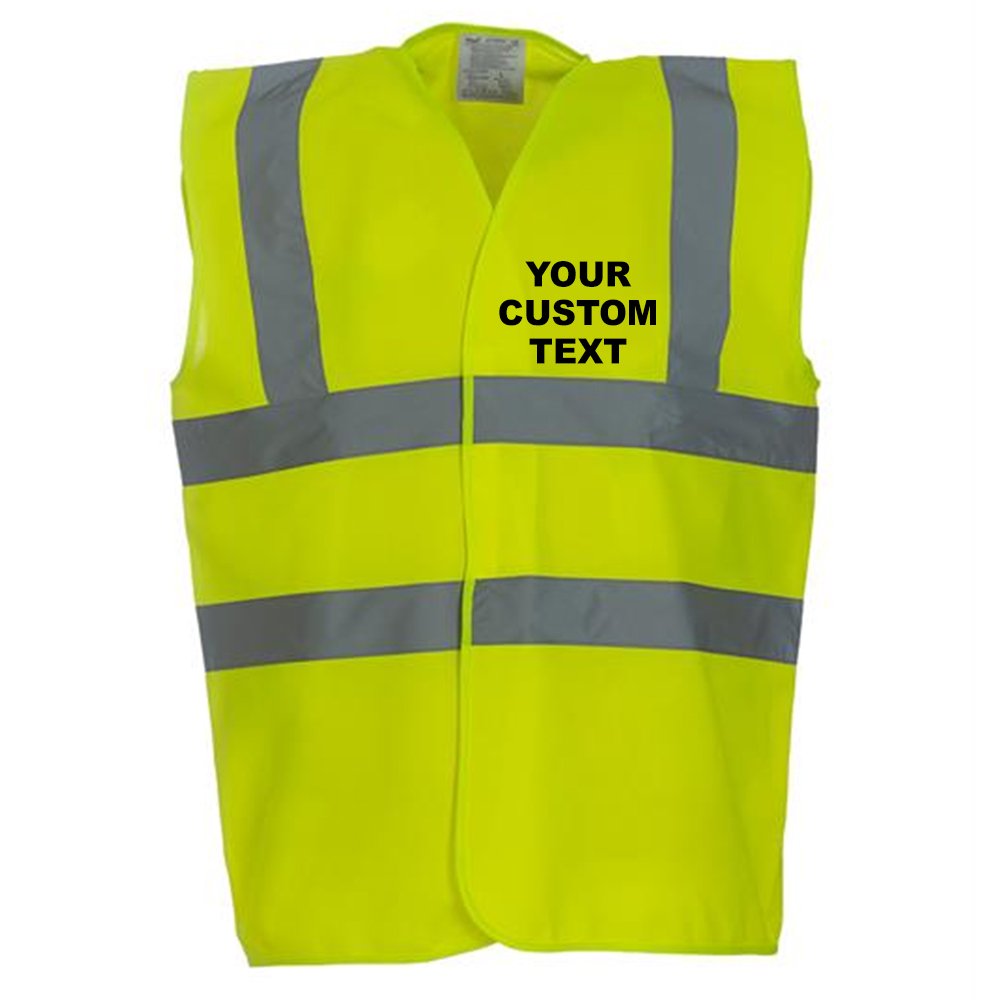 (S) YK001 Personalised Hi-vis 2-Band-and-Braces Waistcoat, Custom Text Hi vis Vests Yellow Front Print Small