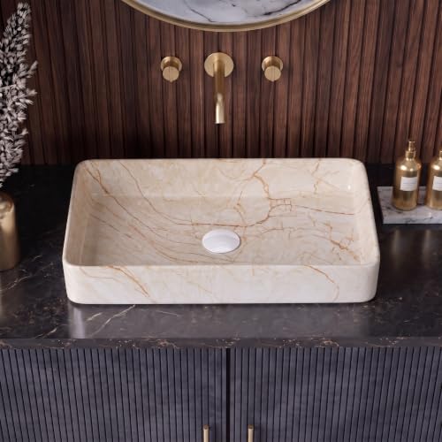 Image of Wash Basin Countertop | Tabletop Ceramic Bathroom Sink | Wash Basin Over Counter | (24 x 14 x 5 Inch) (Designer Cream)