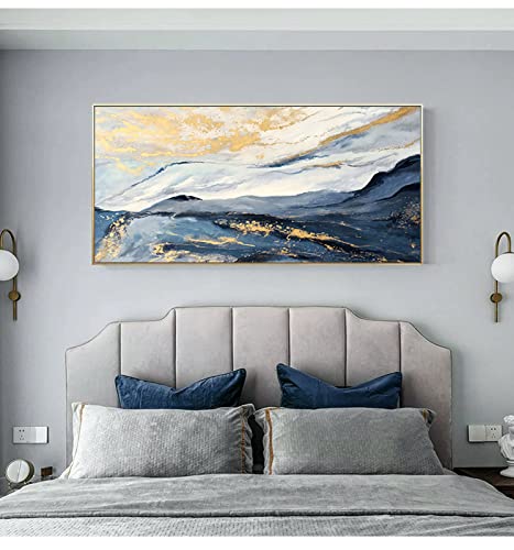 Blue And Gold Abstract Canvas Art Wall For Living Room-Framed Blue Mountain Oil Painting For Bedroom -Modern Landscape Wall Decor For Office,Kitchen Ready To Hang 20X40 Inches #TOP4