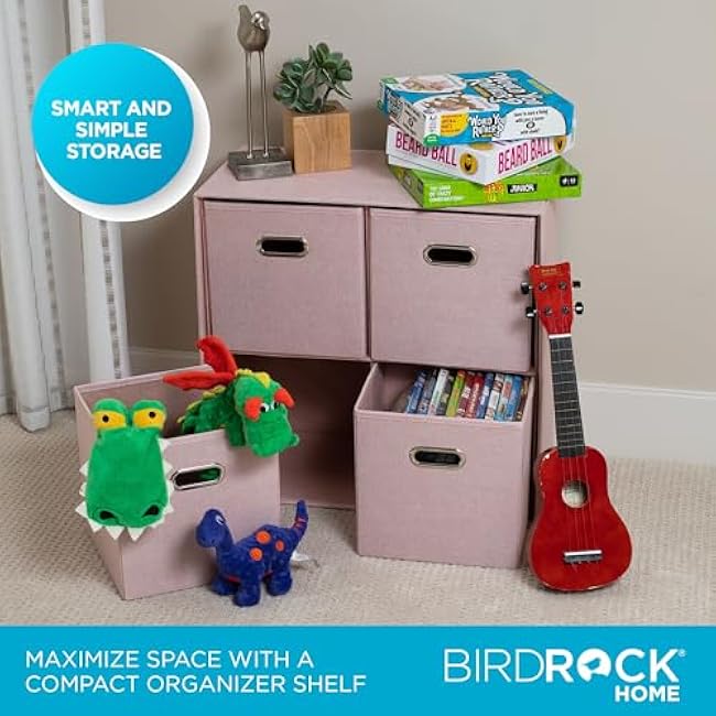 BIRDROCK HOME Linen Cube Organizer Shelf with 4 Storage Bins - Durable, Collapsible Multi-Purpose Shelving Unit for Bedroom, Closet, or Dorm, Compact Cubbie Shelf for Toys, Clothes, or Towels - Blush