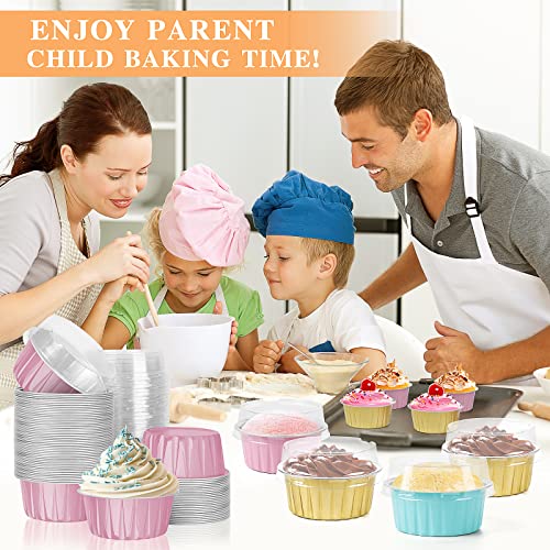 Aluminum Foil Cupcake Liners With Lids (100Pcs Pink), 5Oz 125Ml Ramekin Baking Cups Muffin Liners Mini Pie Pans Foil Cupcake Containers For Christmas Wedding Birthday Party Picnic Camping #TOP3