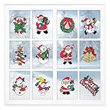 Christmas Decorations Window Clings Stickers for Glass 12 Pack - Winter Xmas Holiday Decor Vinyls Decals for Kids - Reusable Santa Claus, Snowman, Mirror, Wall and Door Stickers for Indoor and Outdoor