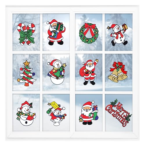 Christmas Decorations Window Clings Stickers for Glass 12 Pack - Winter Xmas Holiday Decor Vinyls Decals for Kids - Reusable Santa Claus, Snowman,...