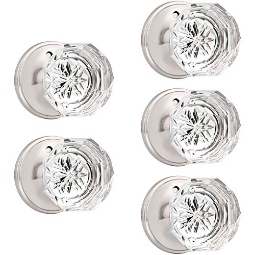 Orger 5 Pack Privacy Door Knobs, Clear Glass Door Handles with Satin Nickel Finish, Crystal Interior Door Handles for Bed/Bathroom, Zinc Alloy Round Rosette
