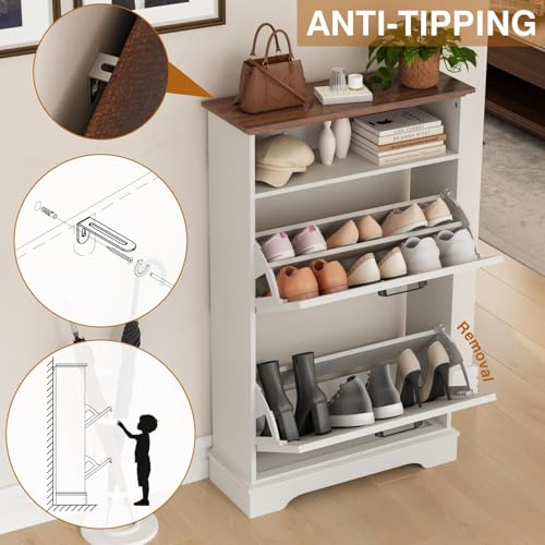 Image of 24 inch W Hidden Shoe Storage Cabinet with 2 Flip Drawers & Open Storage