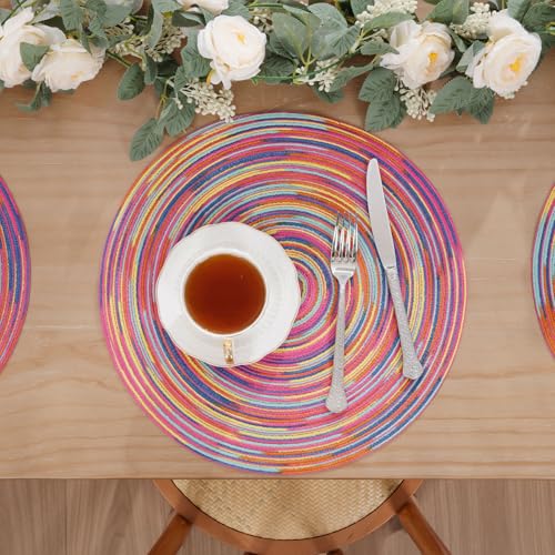 Image of SHACOS 15 inch Round Placemats Set of 6 Variegated Multicolor Place Mats Cotton Polyester Braided Non Slip Washable Heat Resistant Table Mats for Home Wedding Dinner Party Table Decor, Rainbow Pink
