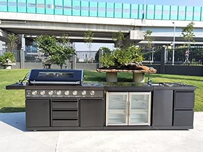 Modular 3 Piece Island Electric and Propane or Natural Gas BBQ Outdoor Black Stainless Steel Grill Kitchen with Double Wine Refrigerator, Sink, Rotisserie, Black Marble Top and FREE Protective Cover