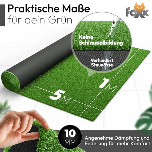 Foxx Kunstrasen 100x500 – Wetterfester Outdoor Teppich in Grün für Balkon, Terrasse & Garten | Robuster Teppichboden als Rasen-Alternative