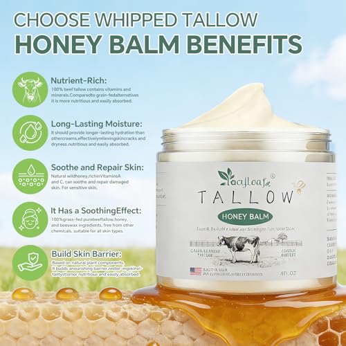 LOCYLEAF Beef Tallow for Skin, Organic Grass-Fed Beef Tallow Balm with Raw Honey, Natural Tallow Skin Care Cream Body Butter, Nourish and Soothe Dry Skin, Light Scent, Made in USA（4 Oz）